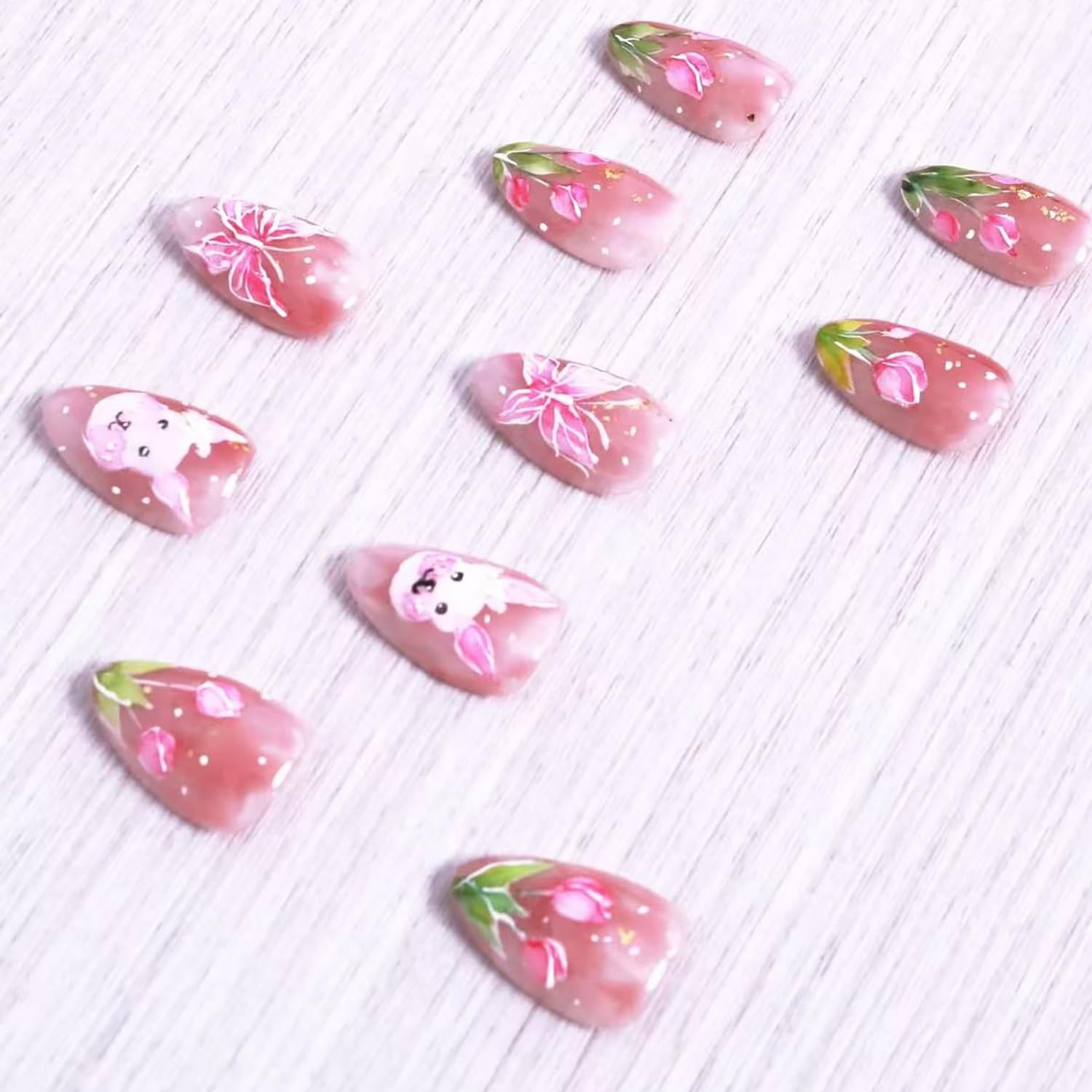 24Pcs Easter Bunny Press on Nails Almond Medium Fake Nails Flower Butterfly P…