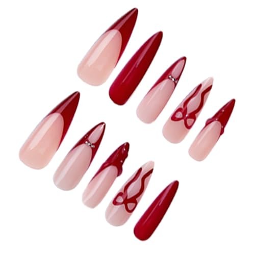 Red French Tip Press on Nails Medium Almond Fake Nails Wine Red Bow Style 7