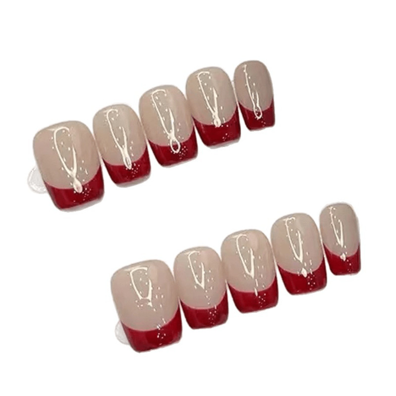 60Pcs-Short Shape Nude Classic Red French Tip Press on Nails Set