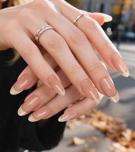 Gold Nude French Tip Press on Nails Medium Length Almond 16 – Gold Nude French