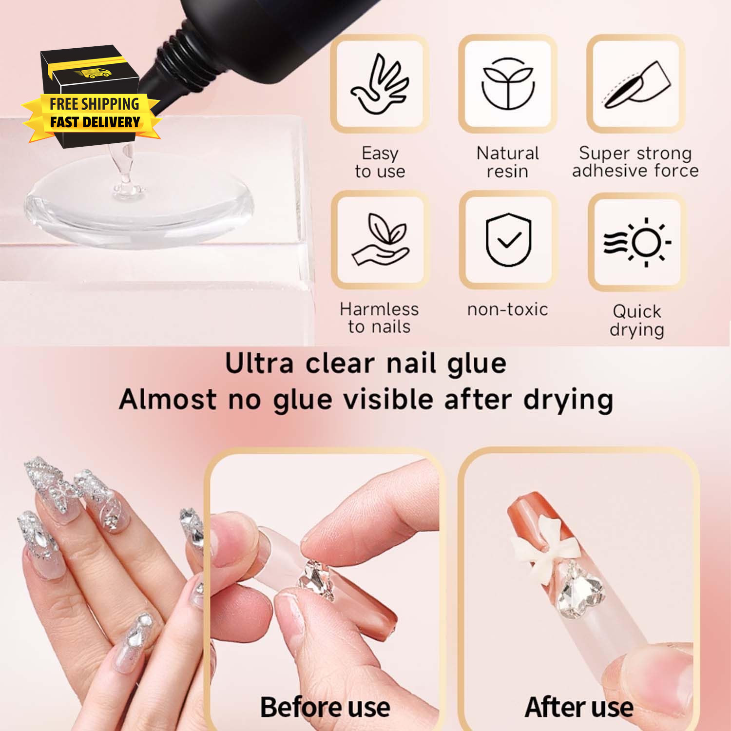 Super Strong Nail Glue for Acrylic Press-On Nails – No UV Light Needed, Fast-Dry