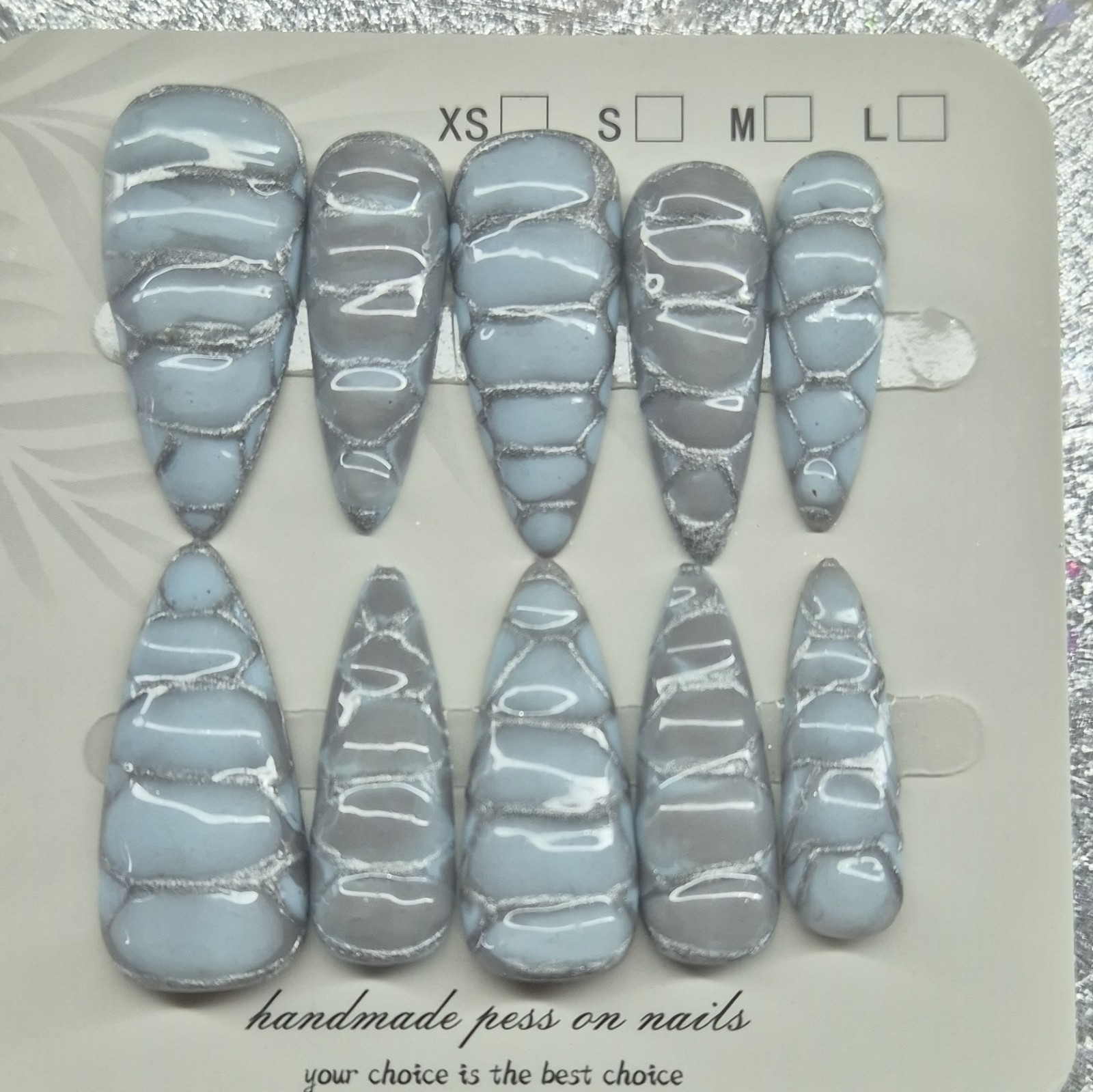 Blue Gray Shiny Marble Almond Press-On Nails Long Handmade Set