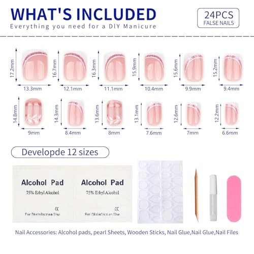 French Press On Nails Short Square, Nude Fake Nails with White 27-Gilded Wave