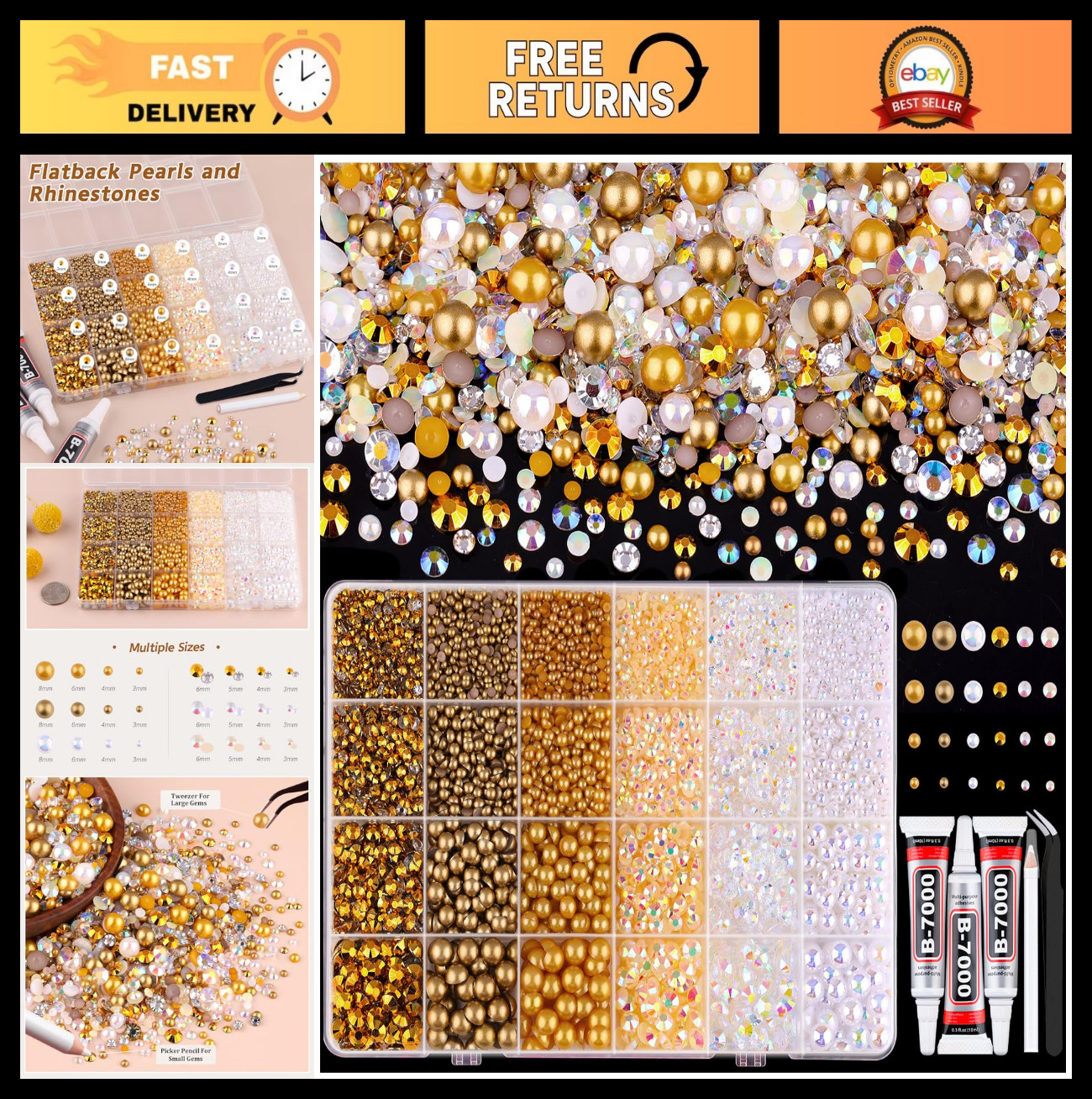 14000PCS Flatback Pearls & Gold Rhinestones for Crafting, Nail Art, DIY Decor