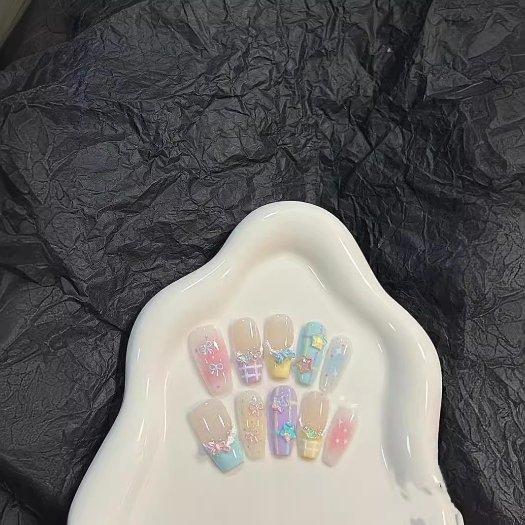 Handmade Press-on Nails Removable stars pastel multicolour bows