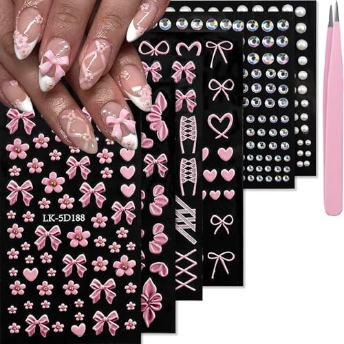 Bow Flower Nail Art Stickers 5D Embossed Nail Decals with Pearls Colorful-02