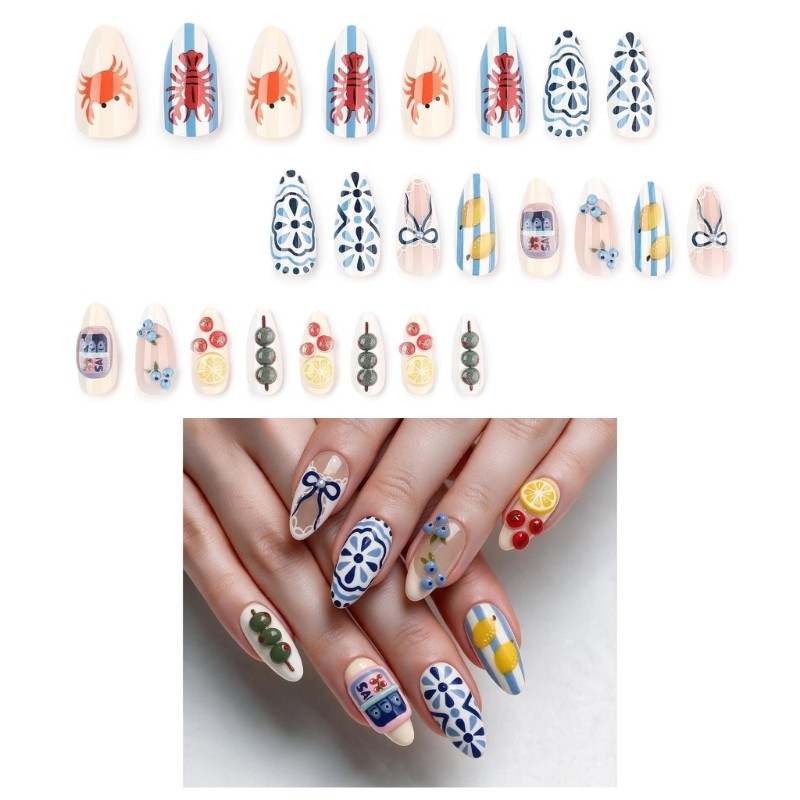 Press On Nail with Blue White Art Design False Nail for Travel Casual Outings