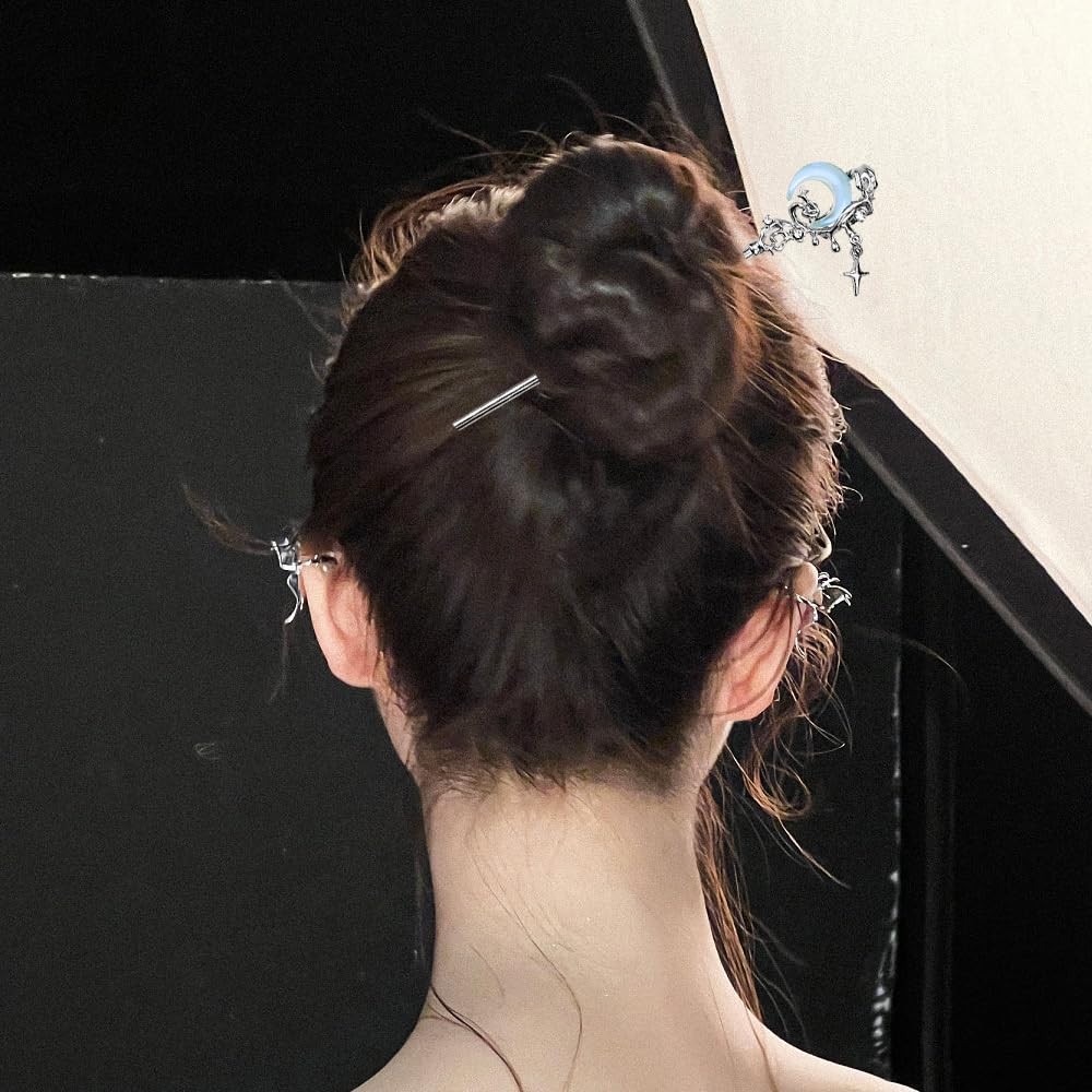 4PCS Star Moon Hair Sticks for Buns Long 1 Count (Pack of 4), Silver