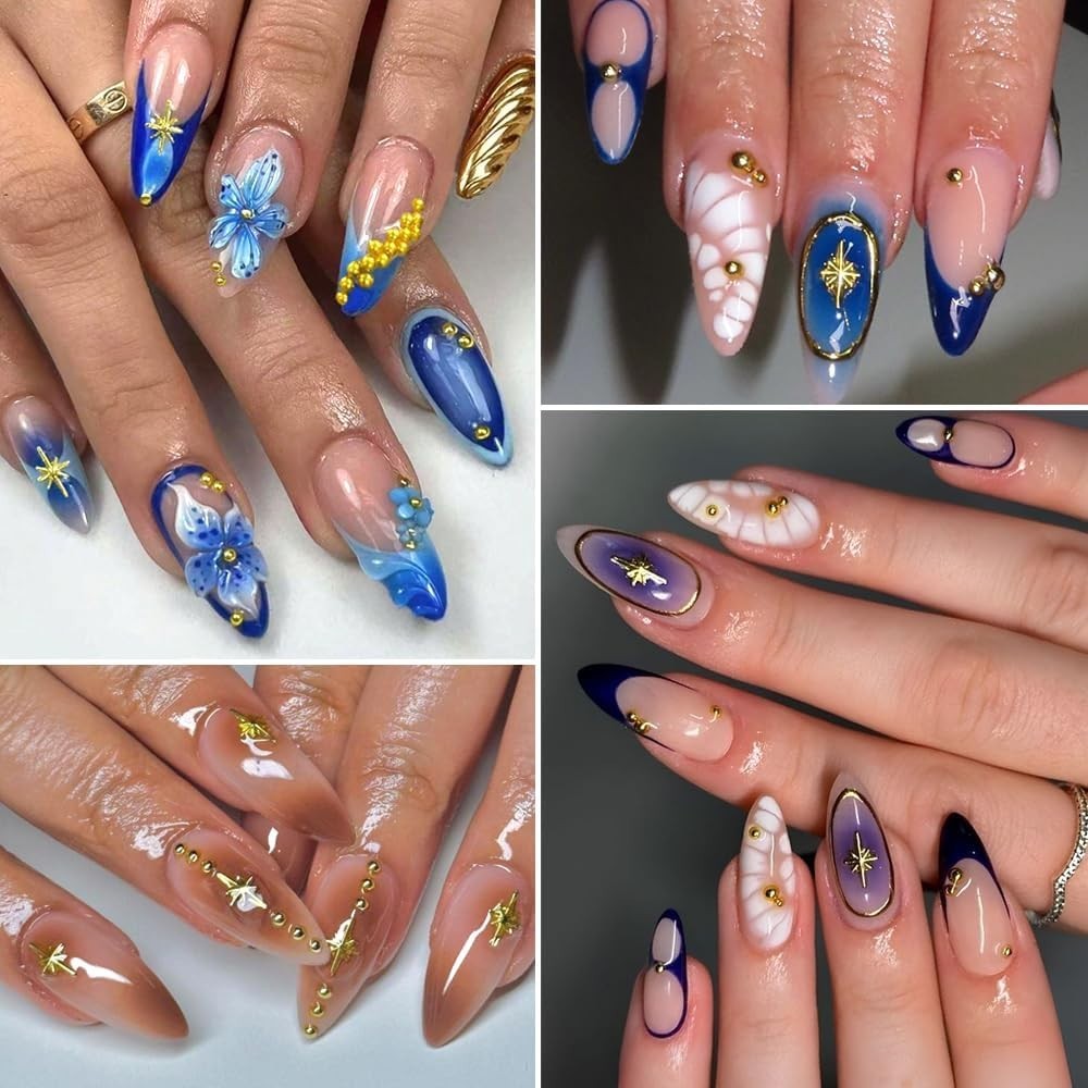 Star Nail Charms for Nails Art, 3D Gold Mixed Styles Stars Metallic Studs Riv…