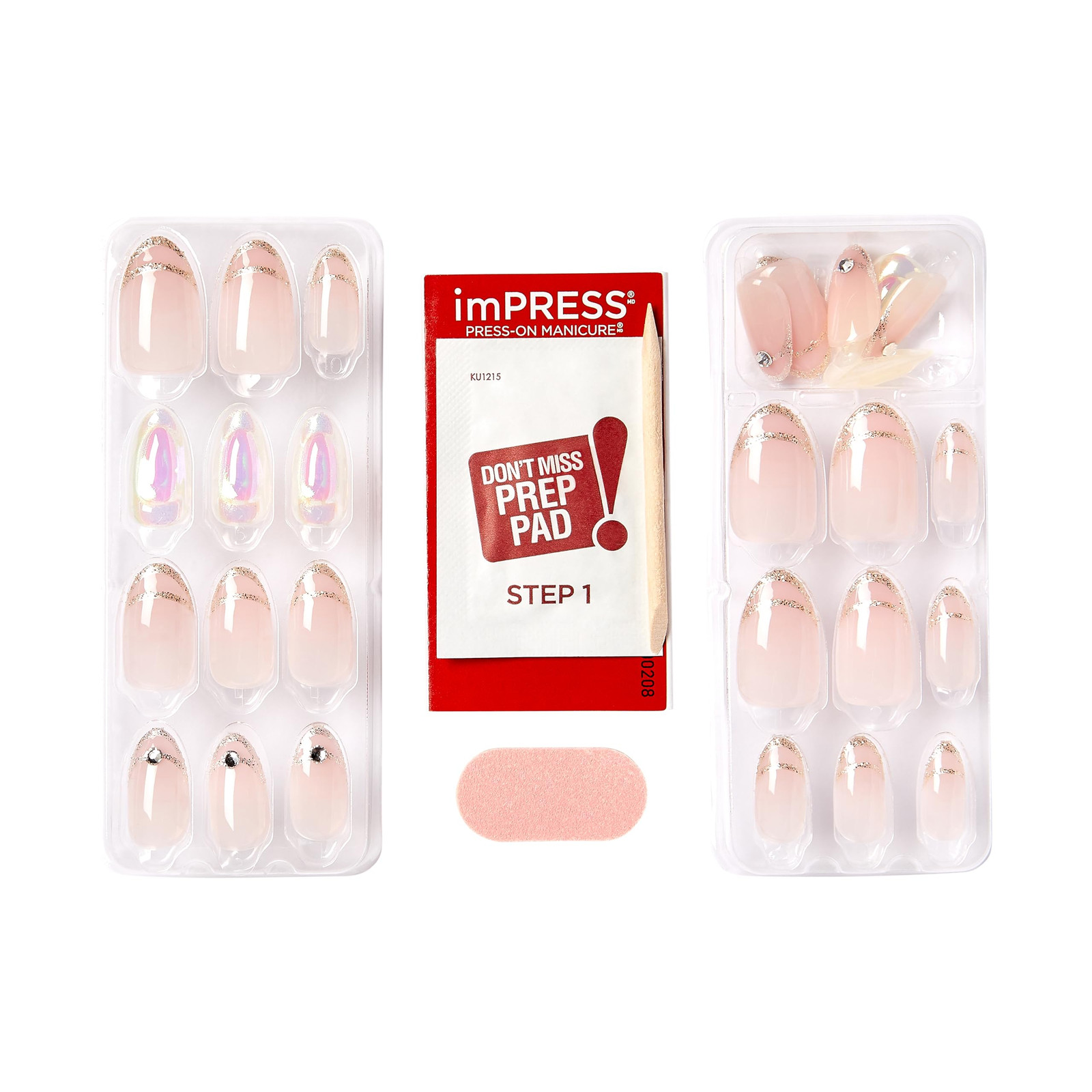 Pink Press On Nails Kit Medium Length Aurora Design 30 Count Easy Application