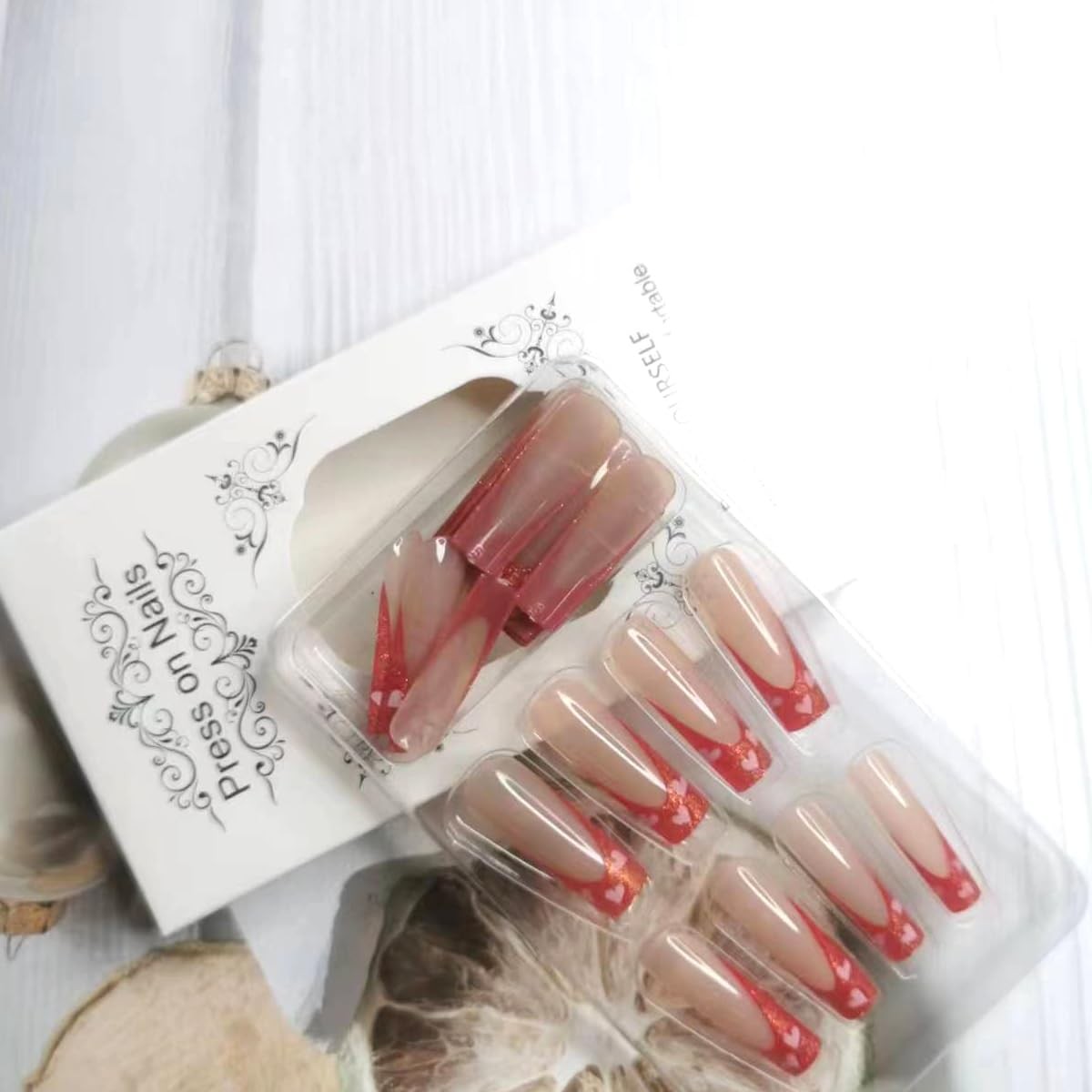 Valentine’s Day French Press Nails: Long Square Red Tips in Love Heart Design…