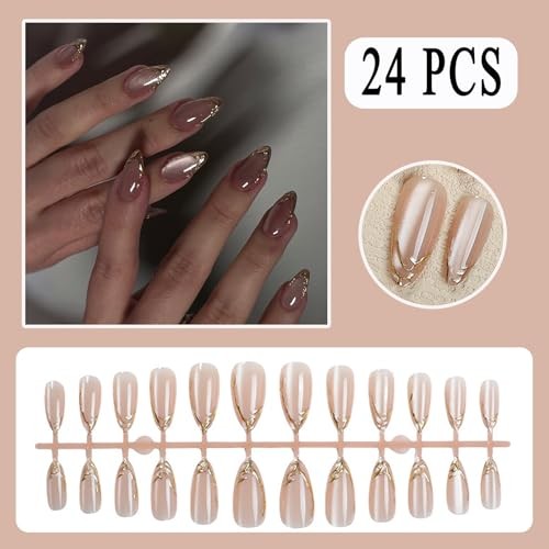 Press on Nails Almond Medium Fake Nails nude pink Sparkling Gold French Tip