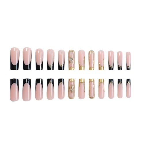 Press on Nails Long Square, Black Gold French Tip Fake Nails Glue 9009 Gold