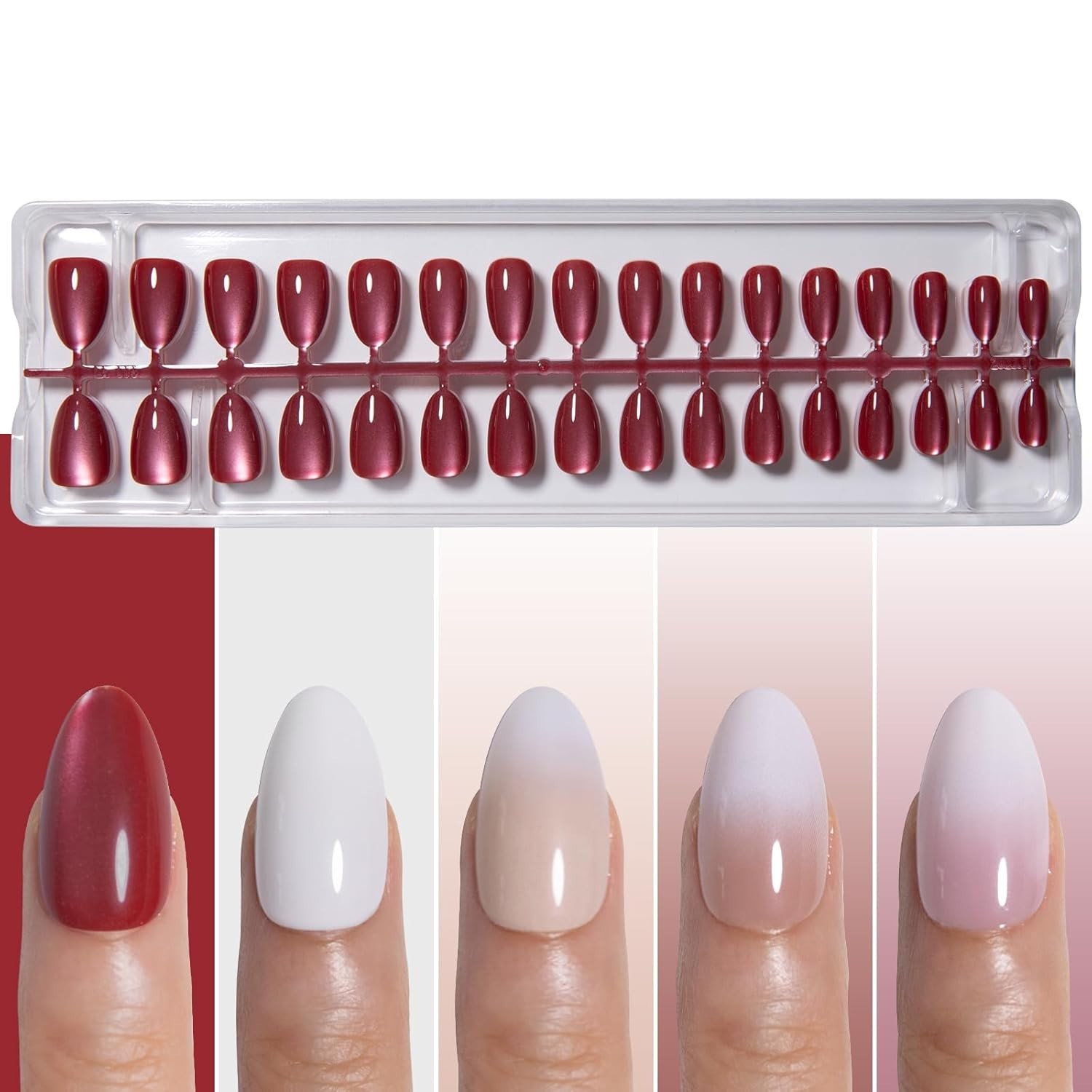 5 Styles Glossy Short Almond Press on Nails, Ombre Pink Nude Brown with White, R
