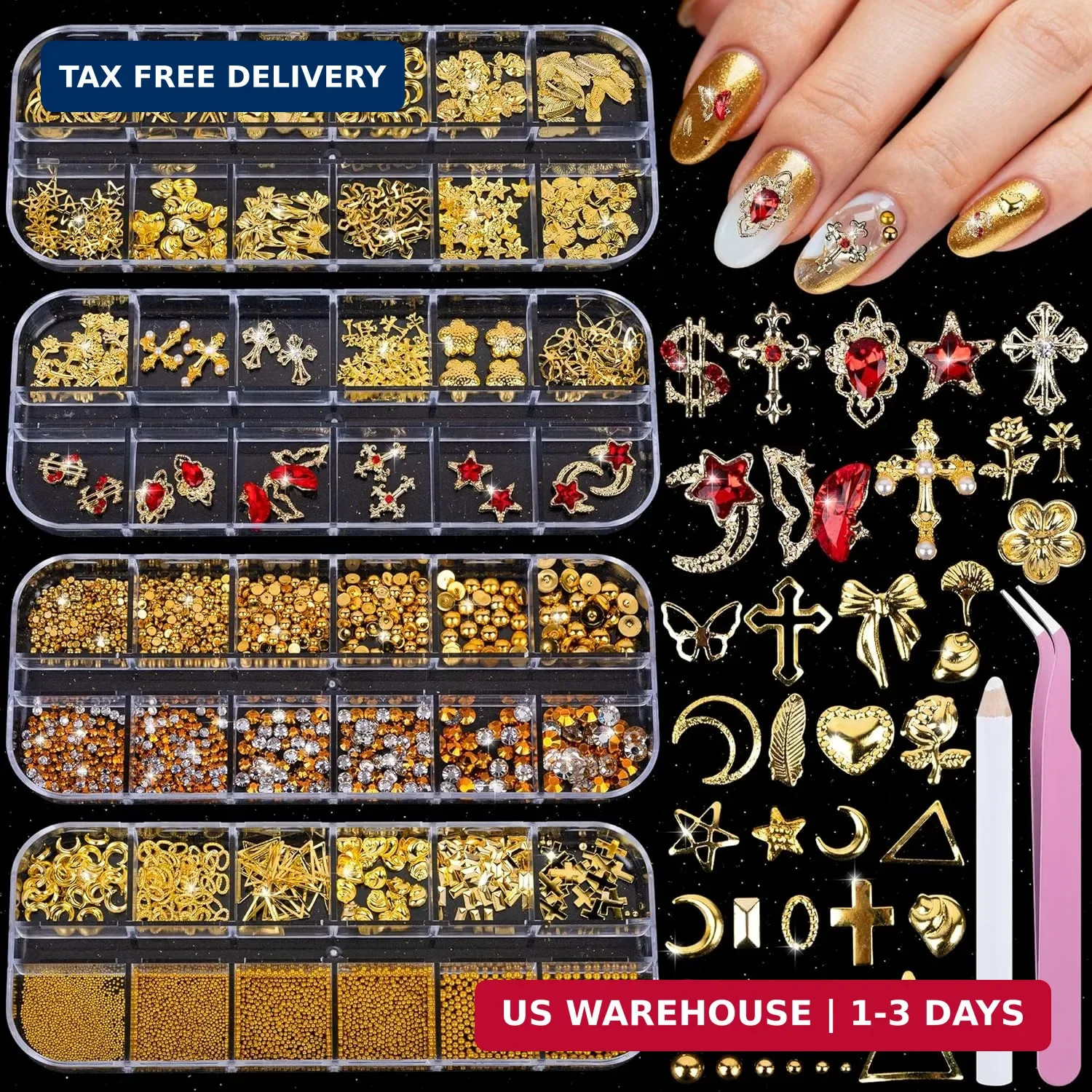 Gold Nail Charms and Nail Gems with 4 Boxes of Rhinestones 3D Metal for Nail Art