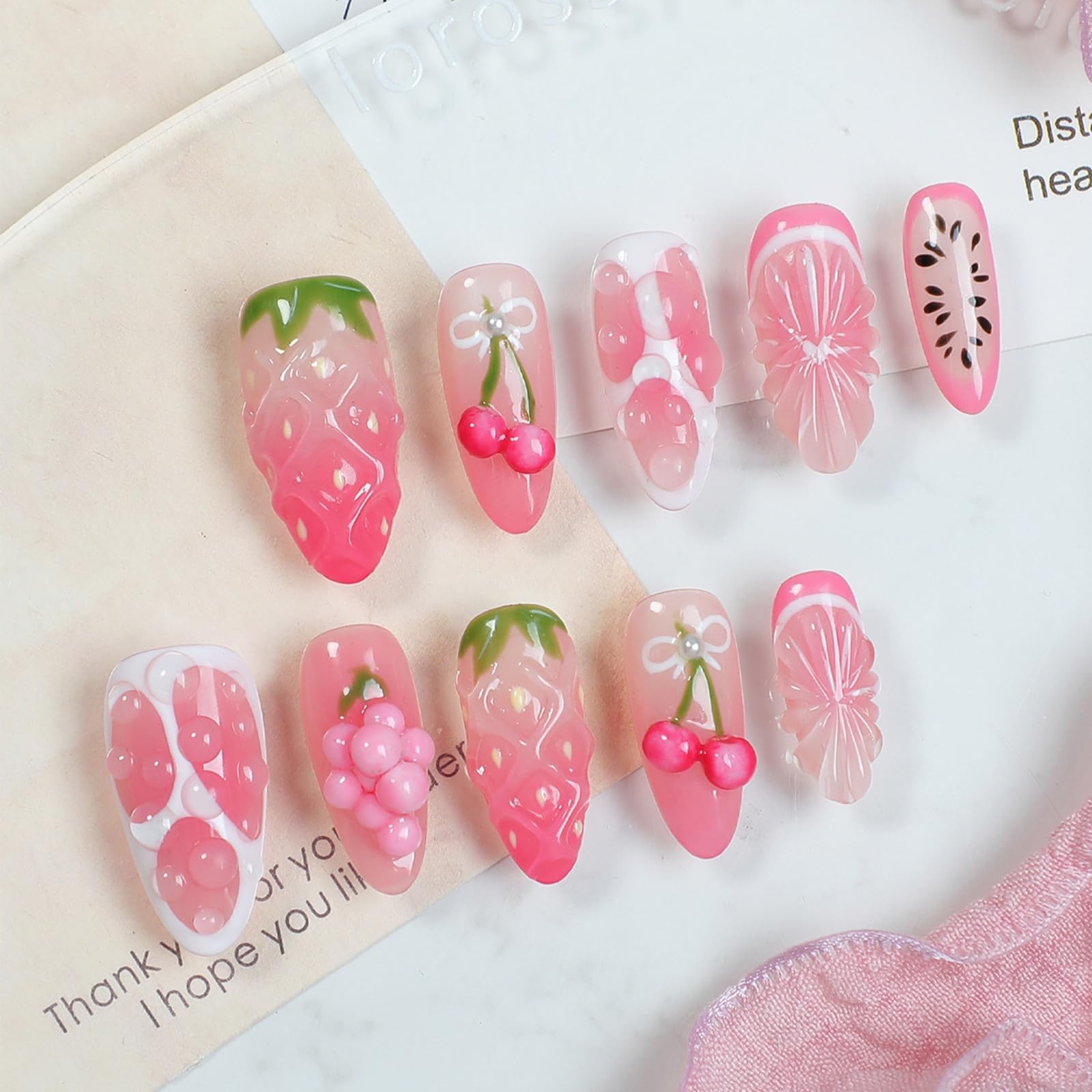 24Pcs Summer Fruit Press on Nails Almond Long 1 Fl Oz (Pack of 1), Multicolor