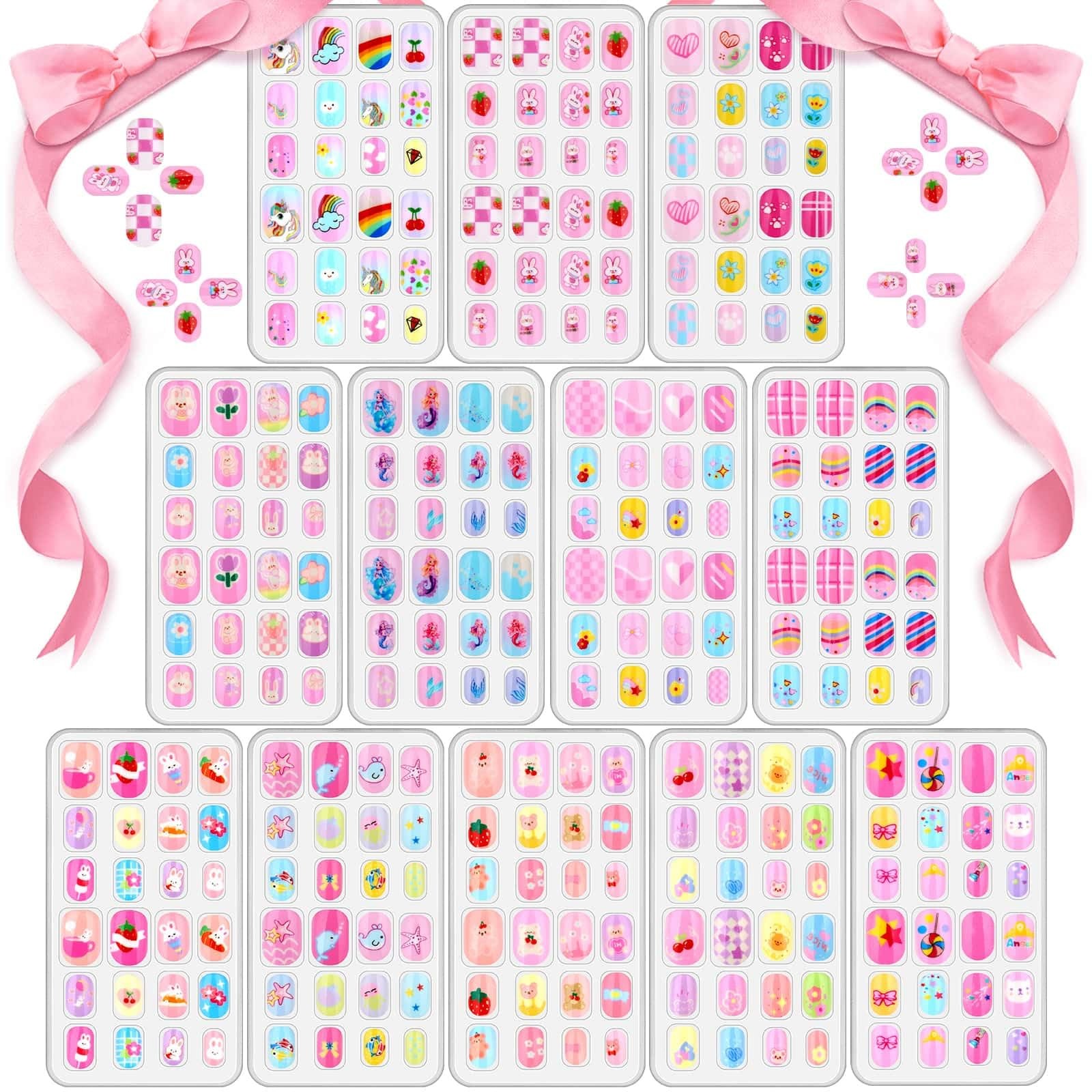 288 Pieces Kids Nails Press ons for Girls, Fake Nail Set Pre Glue Stick on Sh…