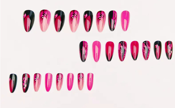 24 Pieces Press-On Nails Long Almond Glossy Red & Black Glossy Flower Print