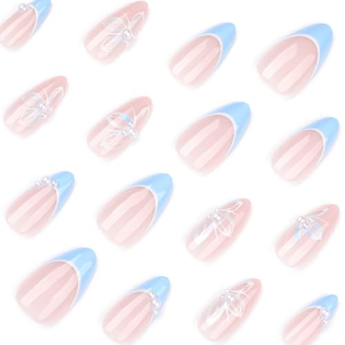 Nude Press on Nails Medium Almond Blue French Tips Fake Nails Press ons Styl 6