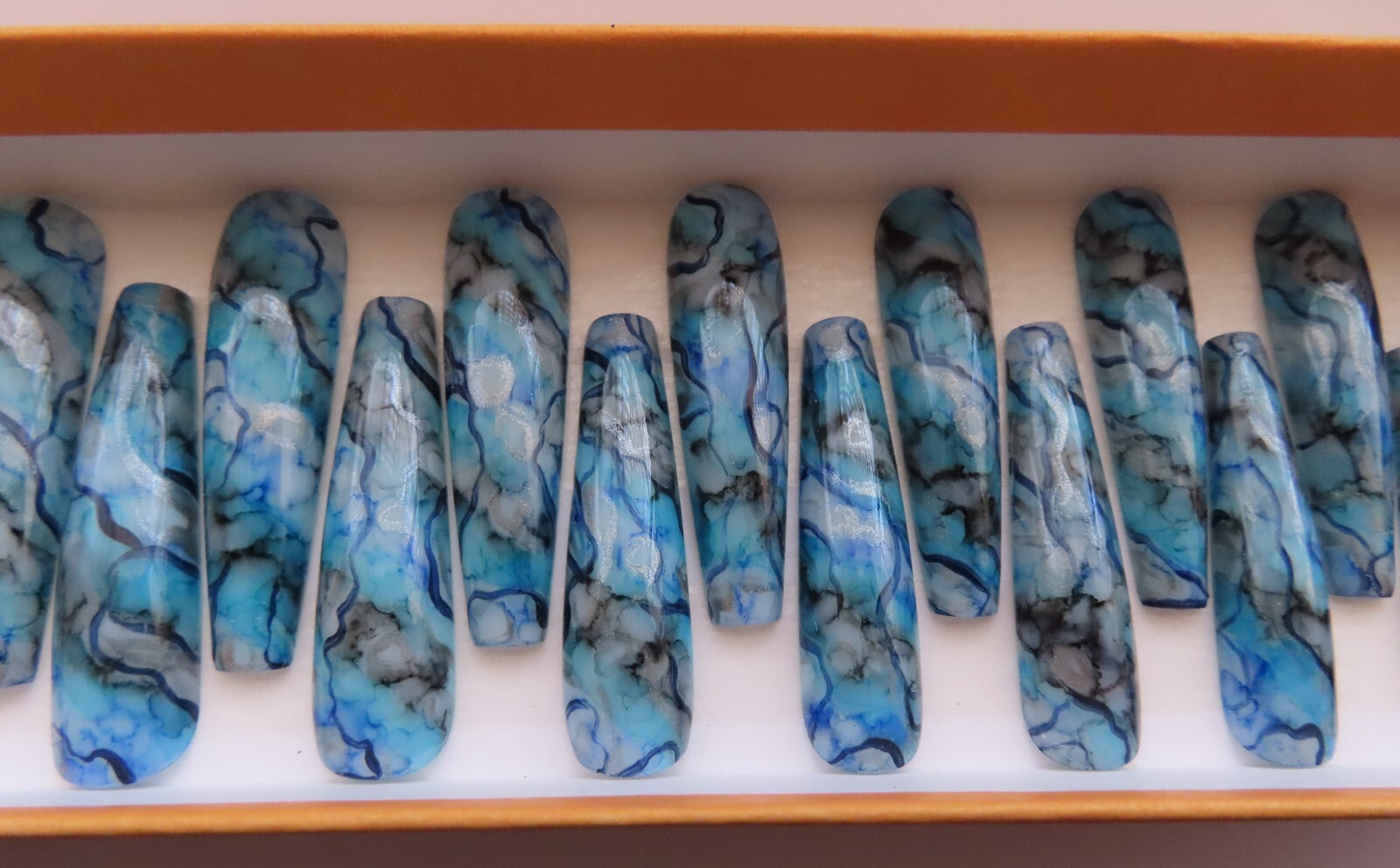 XL Blue Black Silver Metallic Ink Square Coffin Press On Nails (20)