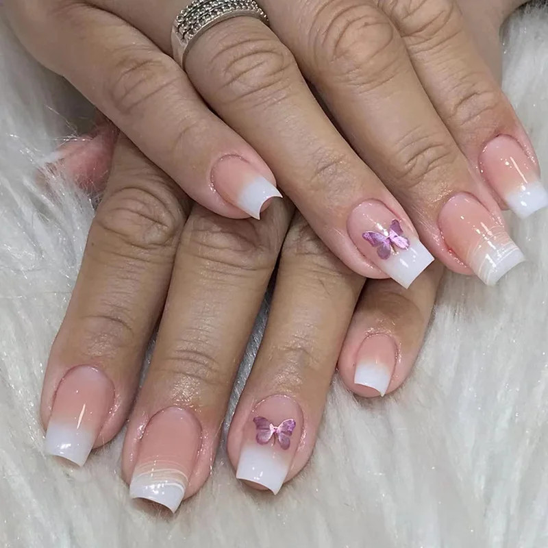 24Pcs Simple Square Head Fake Nail with Nude Design White Gradient French Press