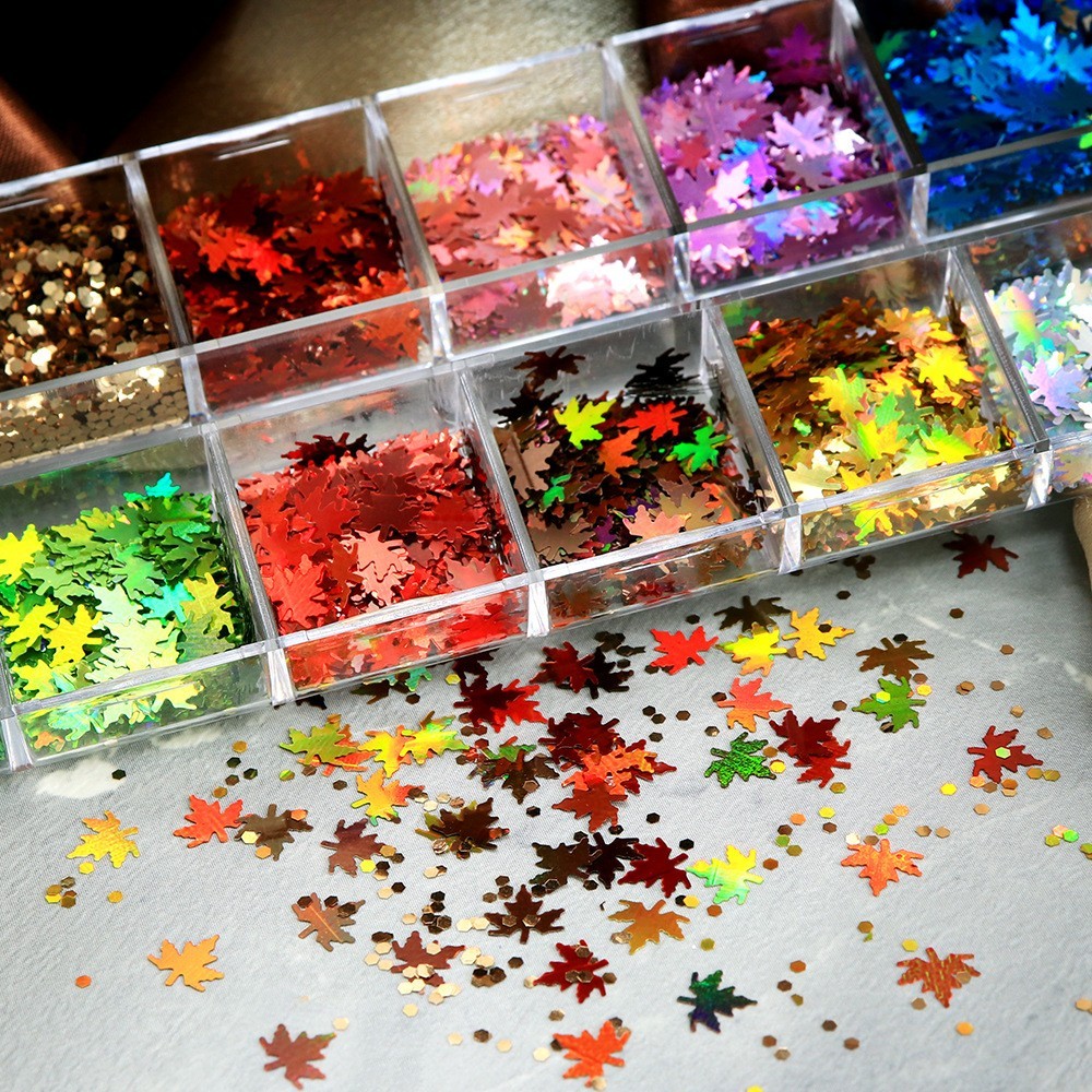12 Grids Maple Leaf Nail Art Sequins Autumn Glitter Flakes Nails Decoration