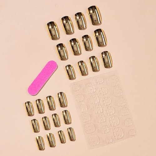 Light Gold Chrome Press on Nails Short Medium Square, Mirror False gold-medium