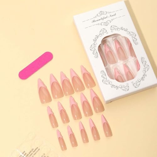 Long Press On Nails Stiletto Fake Nails French Tip False Medium Pink 3D French