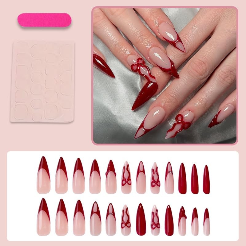 Red French Tip Press on Nails Medium Almond Fake Nails Wine Red Bow Style 7