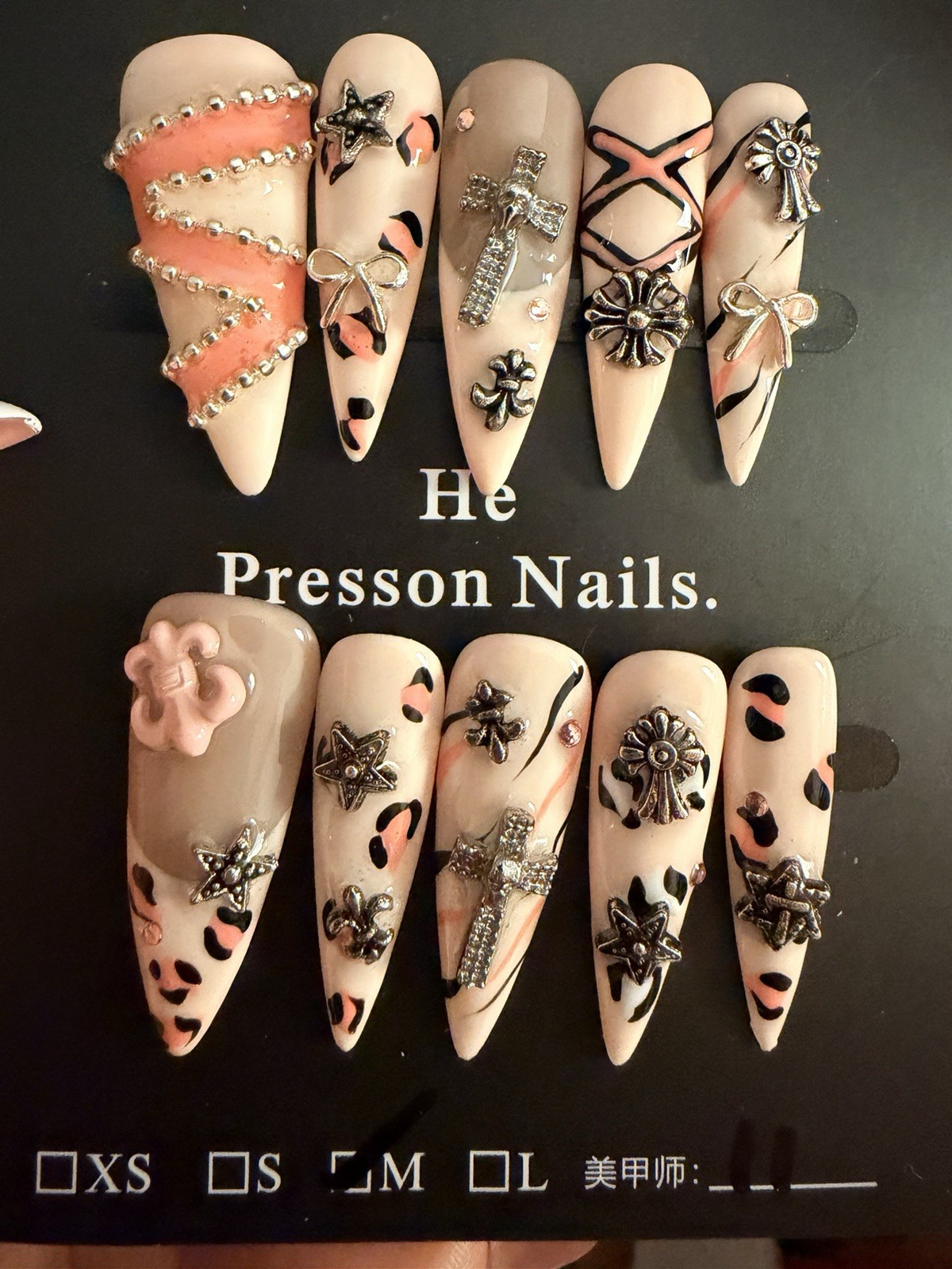 Press-On Nails Full Cover Medium Stiletto Beige Pink Black Silver 3D Cross
