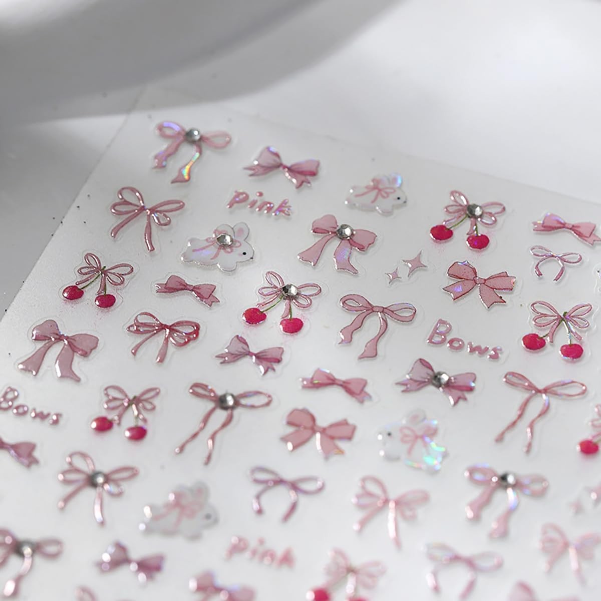 1Pcs Bow Nail Stickers for Nail Art 5D Pink Bow Nail Decals Embossed Cute Rab…
