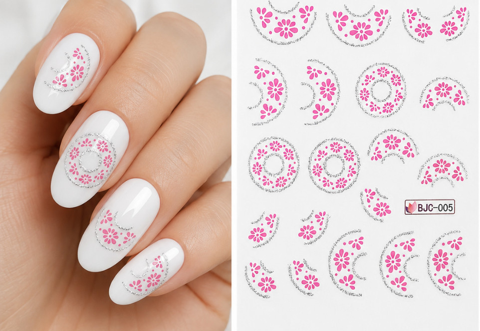 Pink Silver Floral Nail Decals Manicure Water Transfer Stickers Wraps Salon Art
