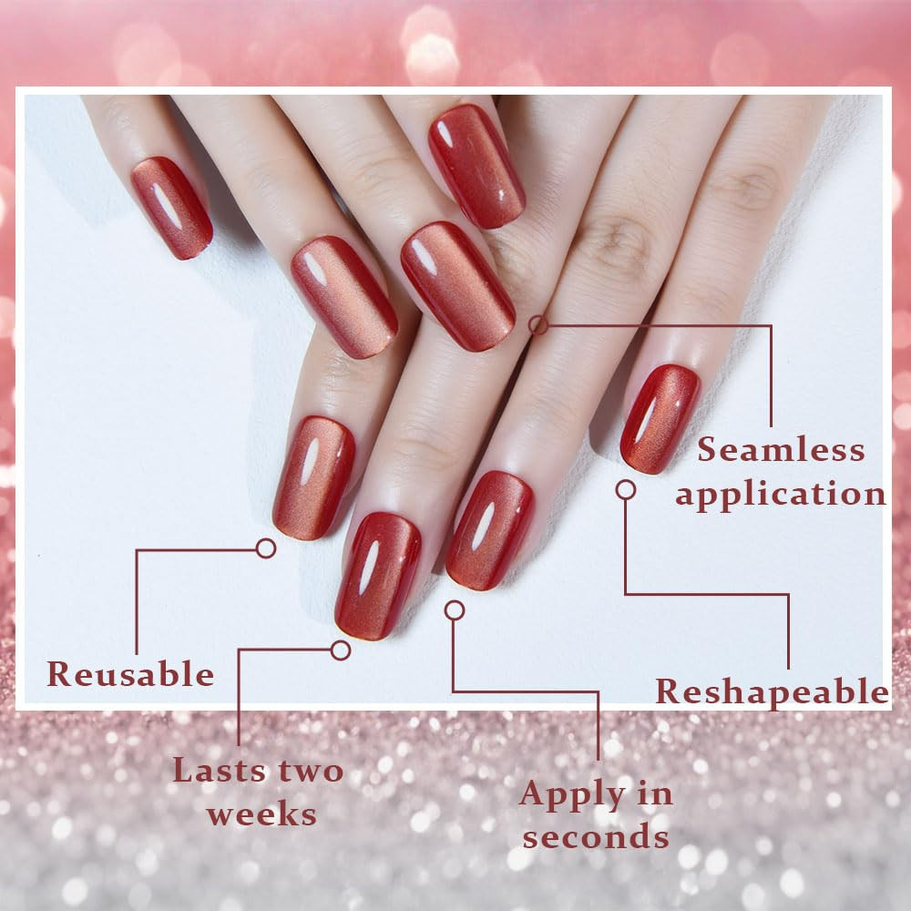 Red Cat Eye Press on Nails Medium Square, Medium Square Press Stick on Nails Chr