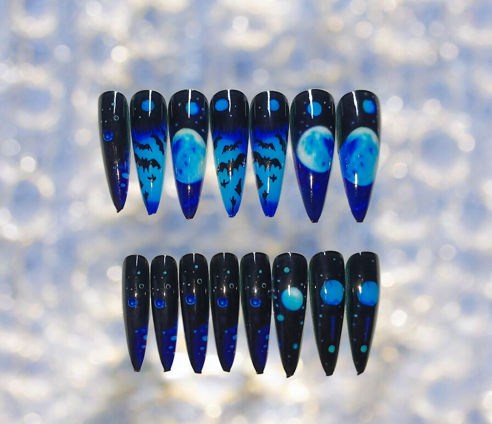 Midnight Moon Stiletto 24 Count Blue Galaxy Bat Celestial Nails – (New)