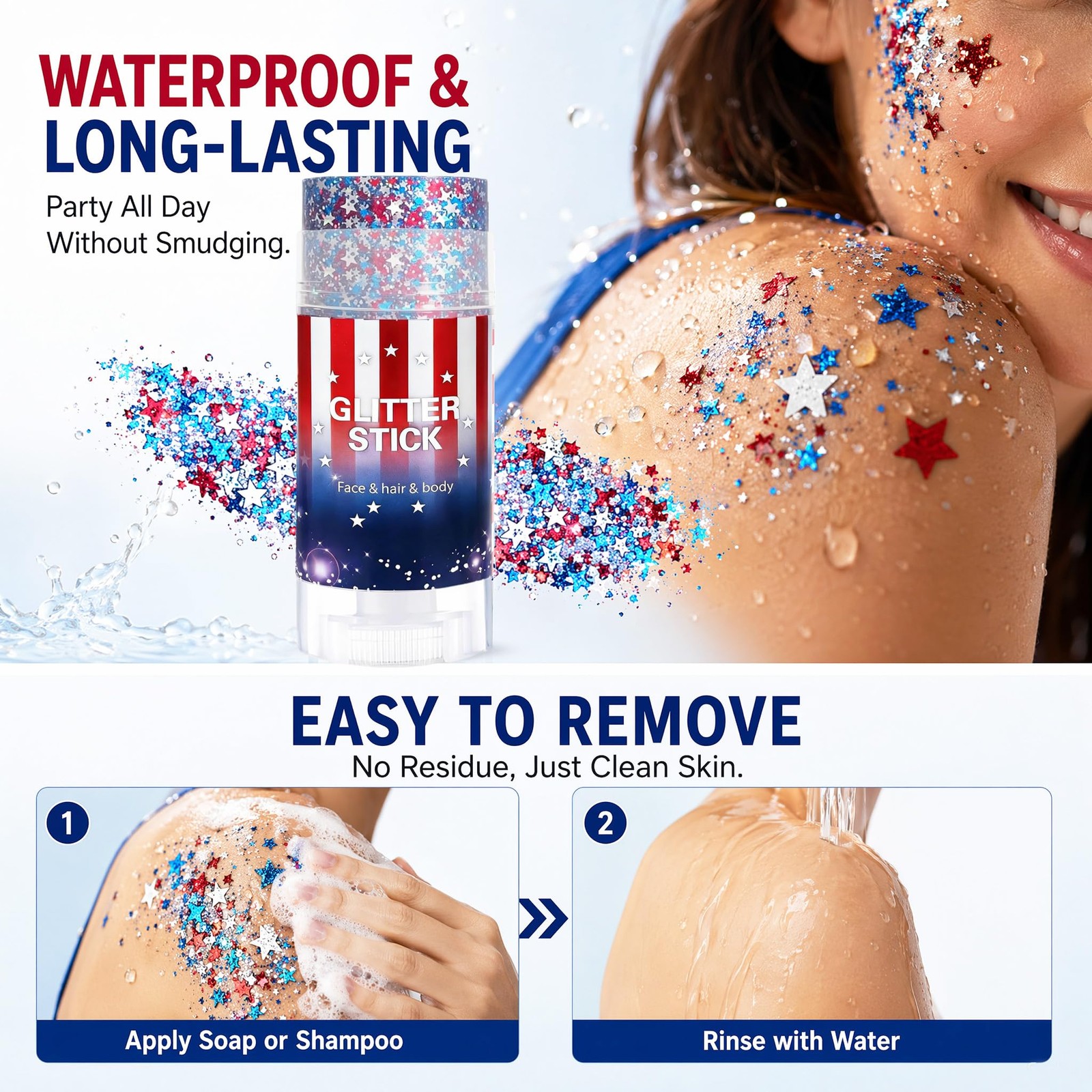 4th of July Glitter Stick, Patriotic Face Body Glitter Stick with Star