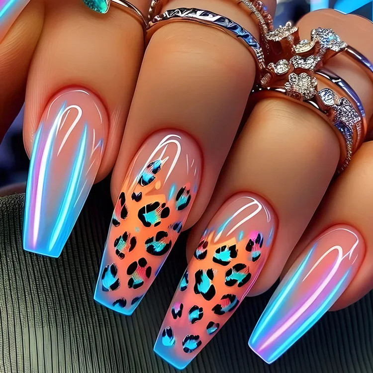 Y2K Press On False Nails 24pcs Set Sunset Heart Leopard Print Short Medium Long