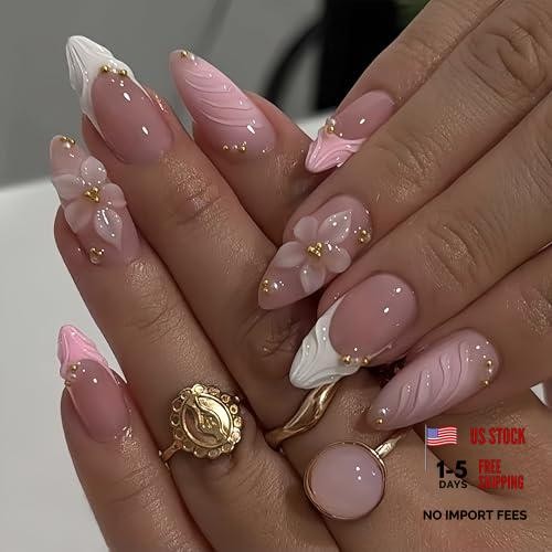 Almond 3D Pink Press on Nails – Medium French Tip Fake Nails – Flower