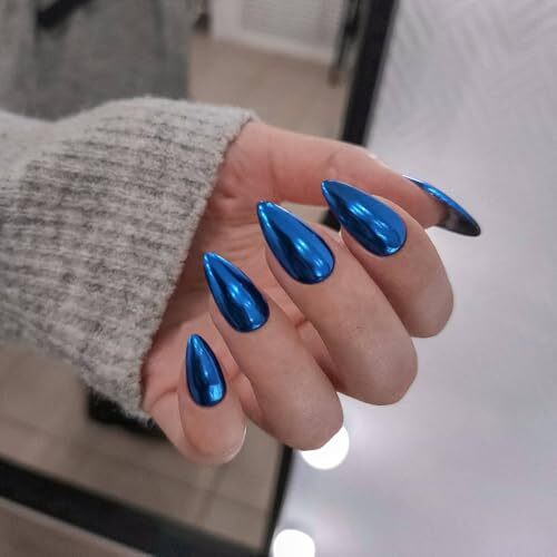 Mirror Metal Royal Blue Chrome Press on Nails Medium Almond chrome royal blue