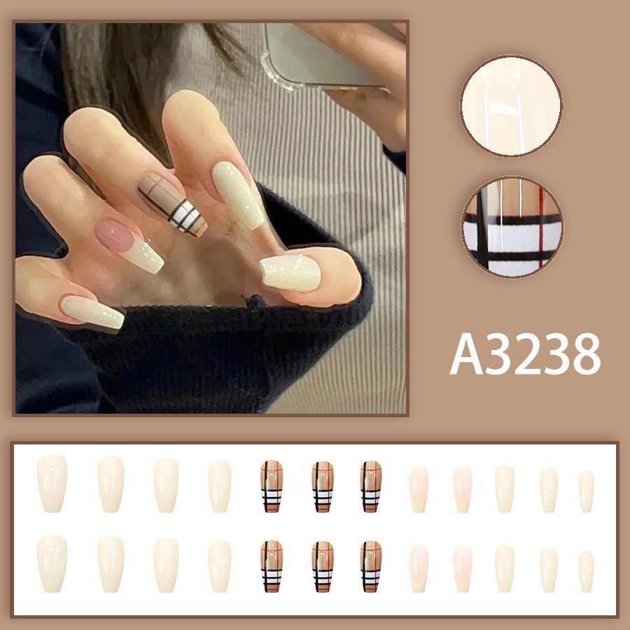 48 Pcs Plaid Press on Nails, Long Coffin Cream Nude Minimal Glossy Fake Nails
