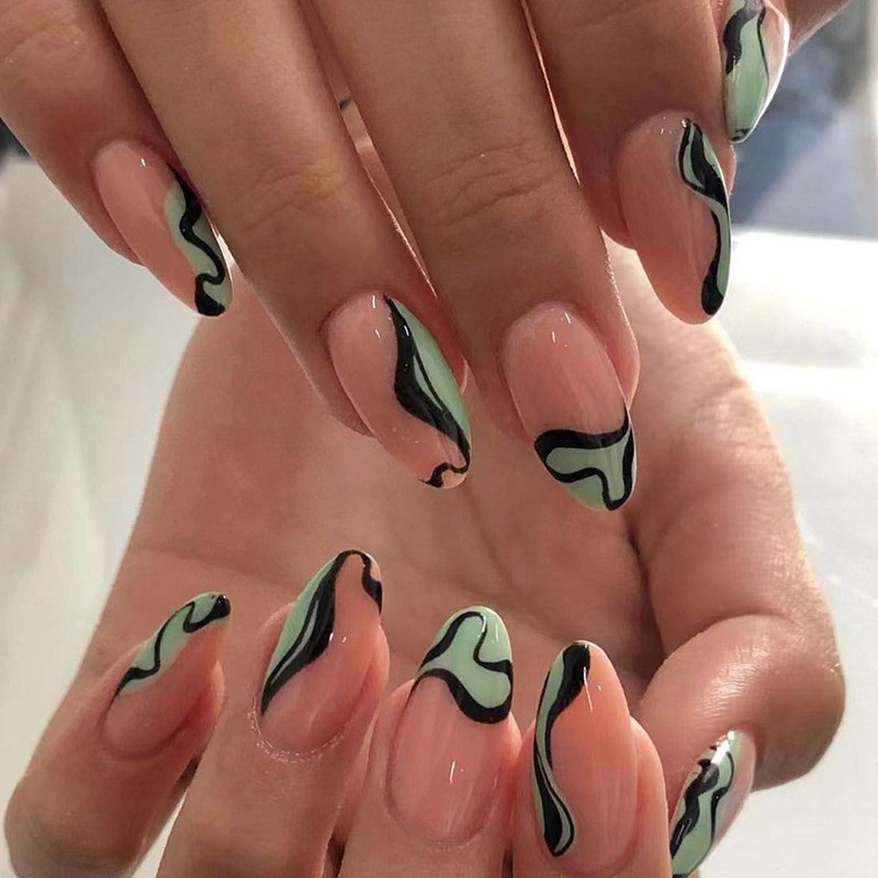 48P Short Almond Press on Nails, Nude Mint Green Black Wavy Swirl Fake Nails