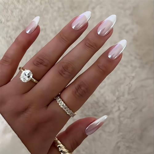 French Tip Press on Nails Medium Almond Fake Nails Press ons with Style-21