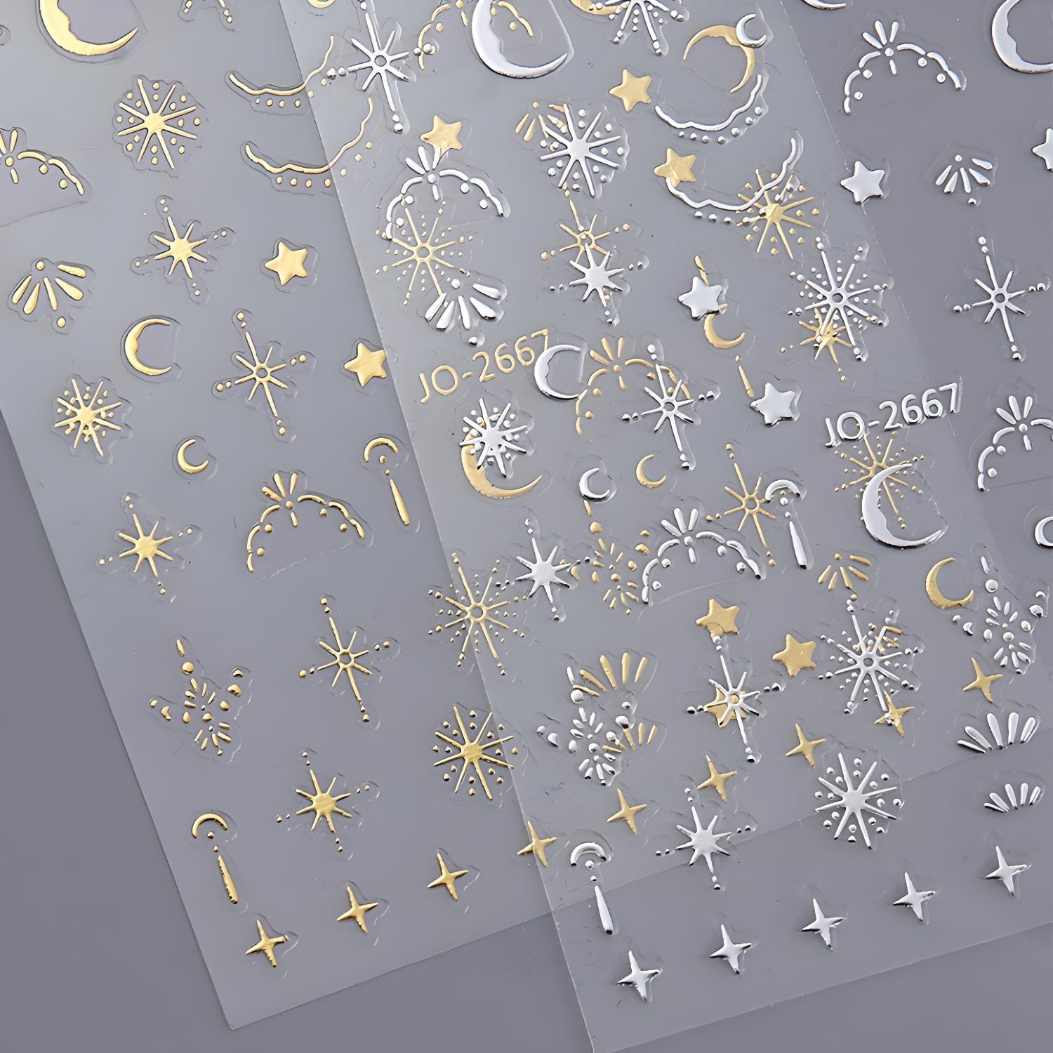 12 Sheets Silver Gold Moon Star Nail Art Stickers – 3D Self Gold Silver Star