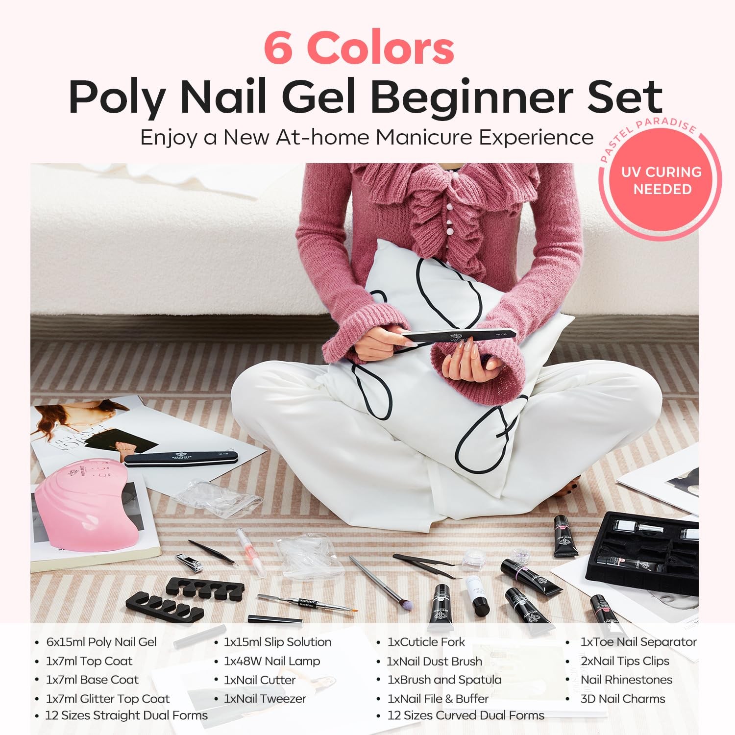 6 Color Poly Nail Gel Kit With 48W UV LED Lamp Charms Slip Solution Set
