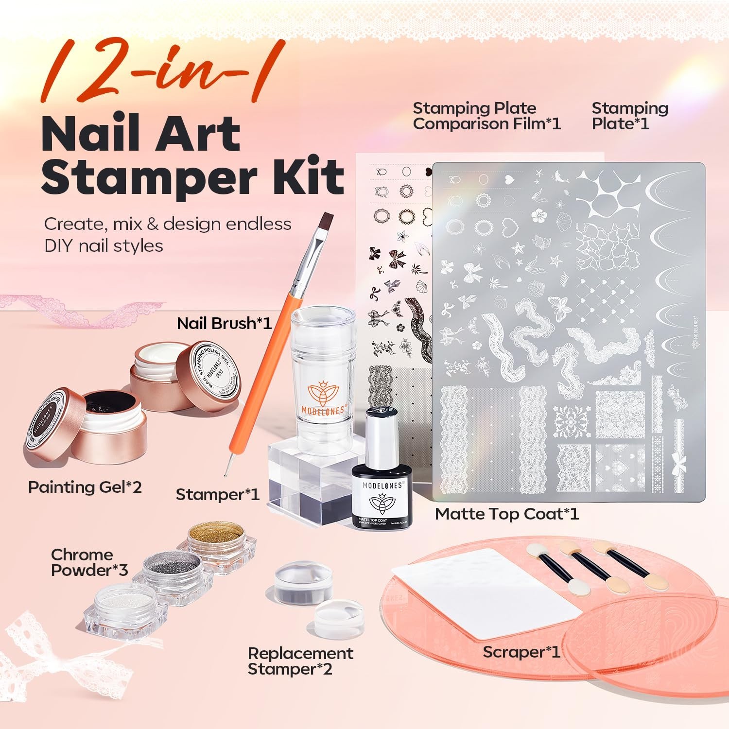 16PCS Nail Stamping Kit – French Tip Stamper, Gel Polish, Chrome Powder, Nail Ar