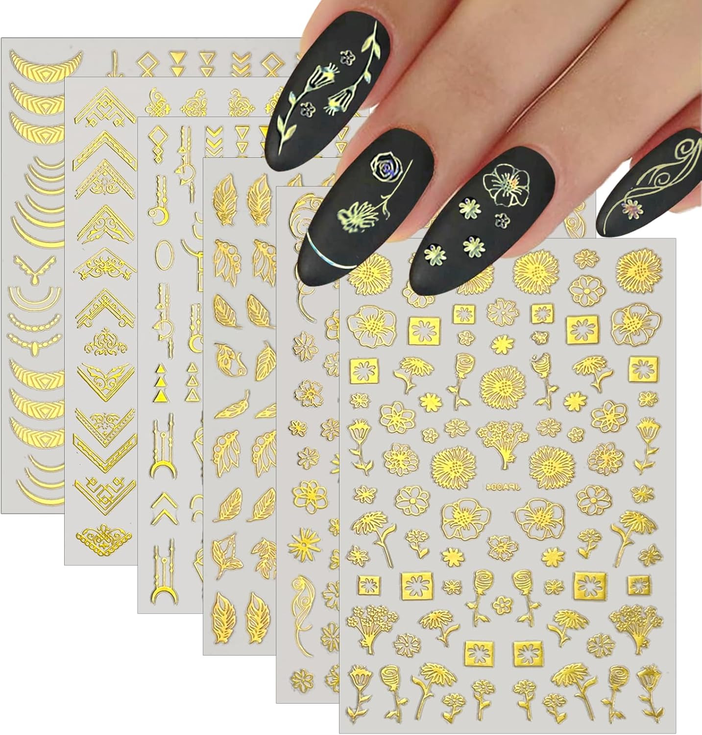 12 Sheets Gold Nail Stickers – 3D Self-Adhesive Metal Geometric Stripe Wave Nail