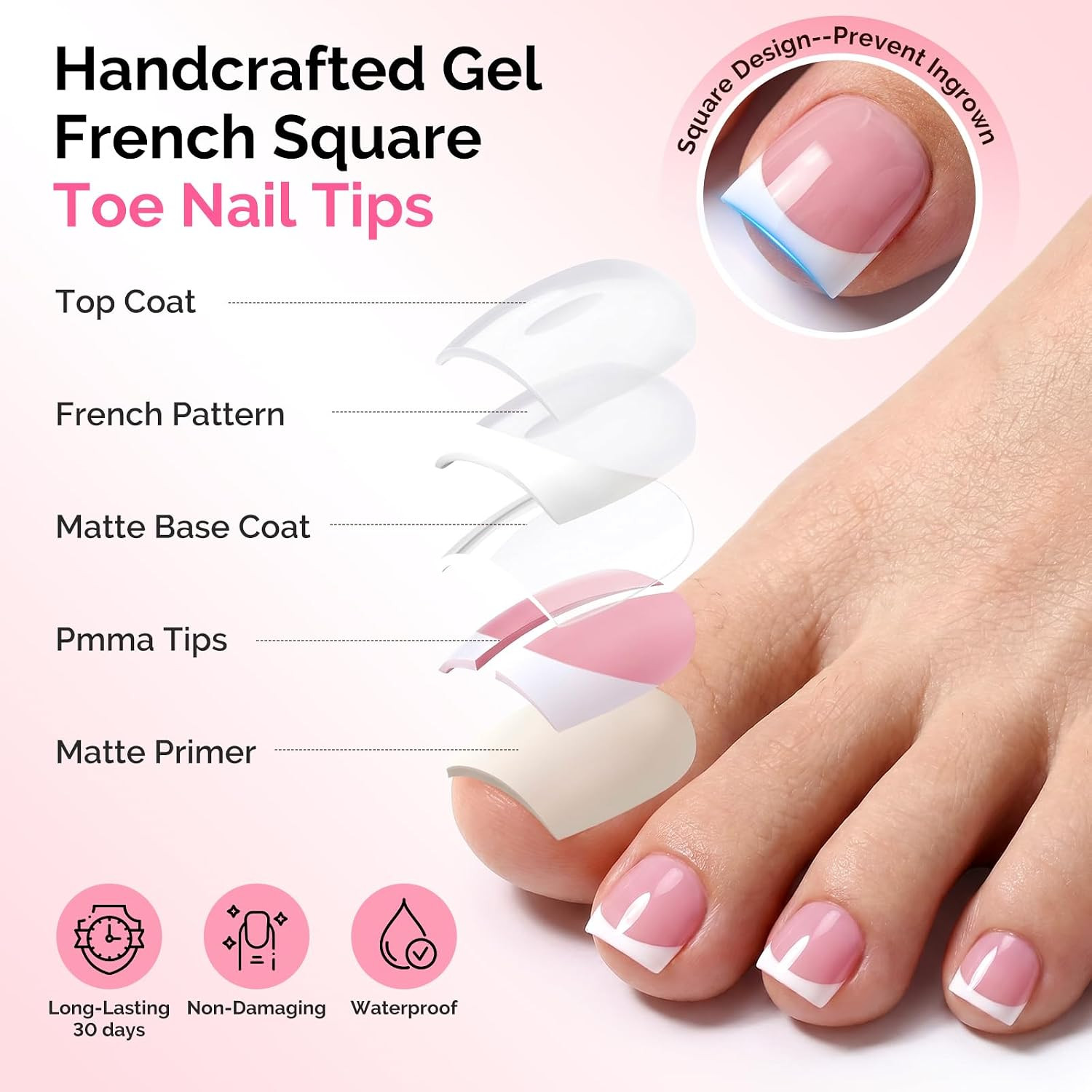 French Tips Square Press on Toenails,300Pcs 15 Sizes | Pre-Designed High Gloss X