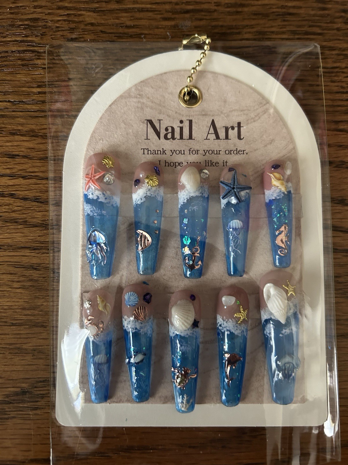 Z NAILZ! Handmade XL Coffin 3D Shiny Beach Themed Press In Nails