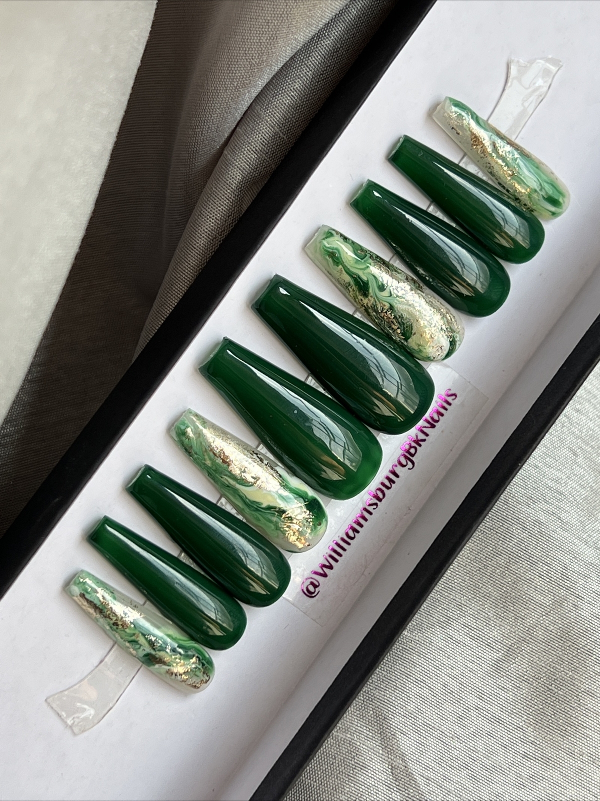 ✨ORIGINAL LUXURY Gel Press On Nails, Green Gold Flakes Coffin, 10p W/ kit MED