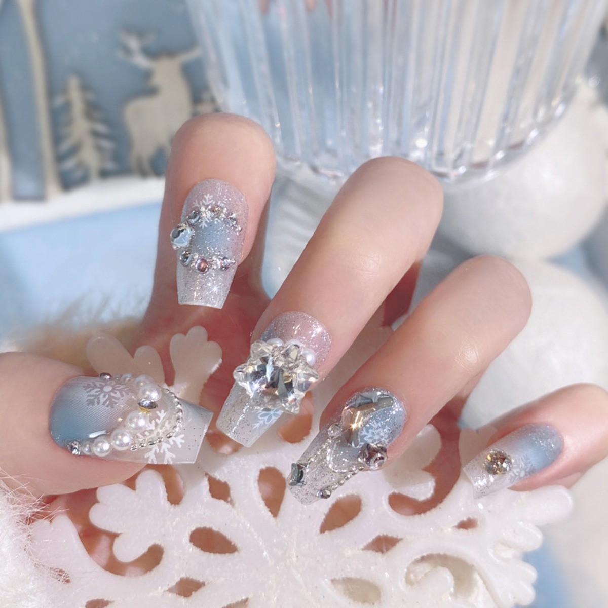 48Pcs-Long Square Blue White Snowflake Pearl Rhinestone Glitter Press on Nails