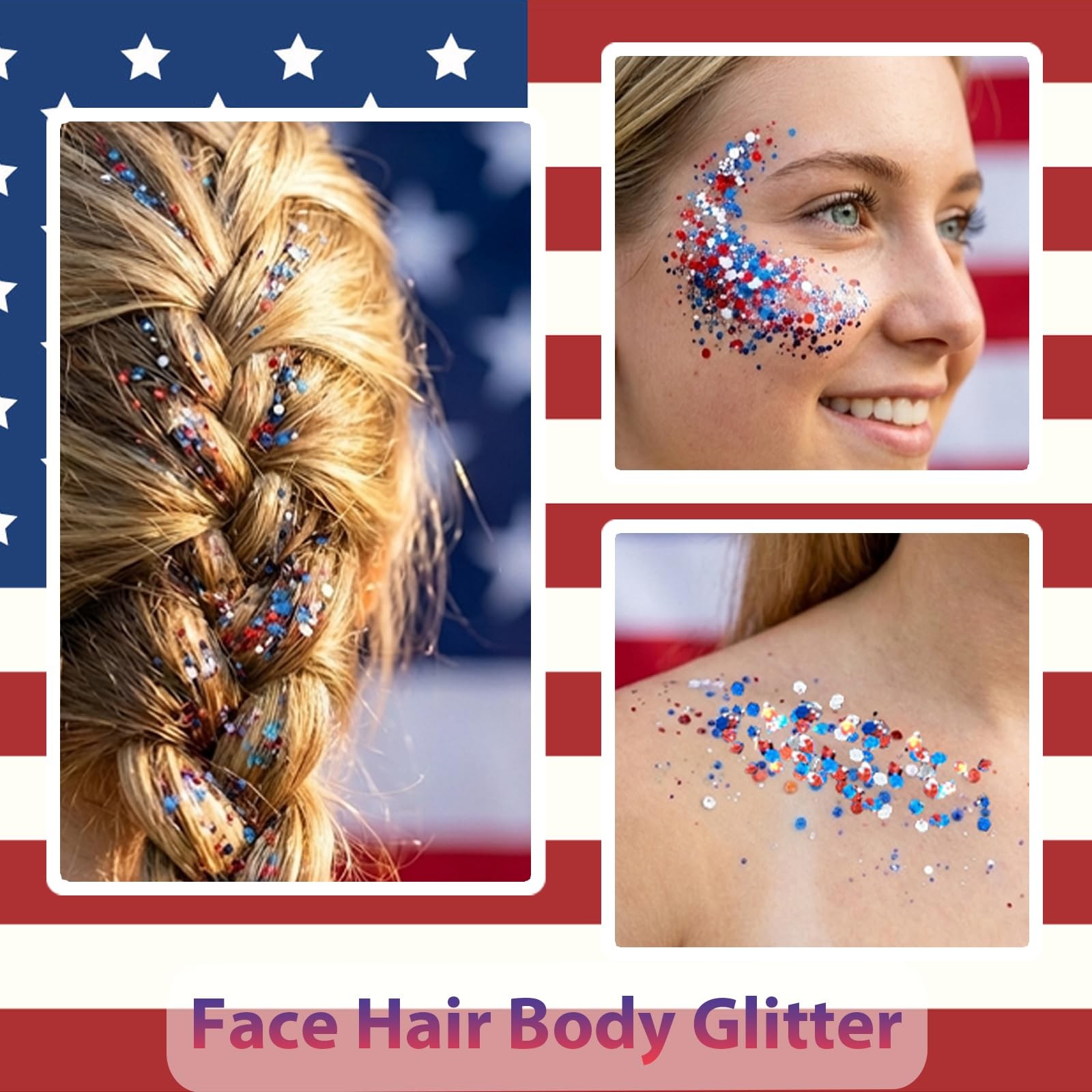 Patriotic Red White and Blue Body Glitter Stick,4th of July Accessories,Spark…